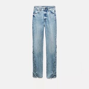Zara Light Blue Straight Leg Slim Jeans with Lace-Up Sides